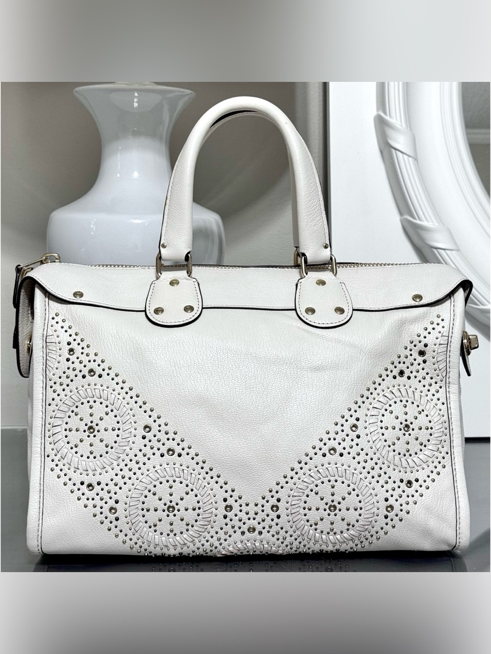 COACH Rhyder Satchel 34756 Chalk Pebble Leather Mini Rivets Crossbody - Picture 3 of 10